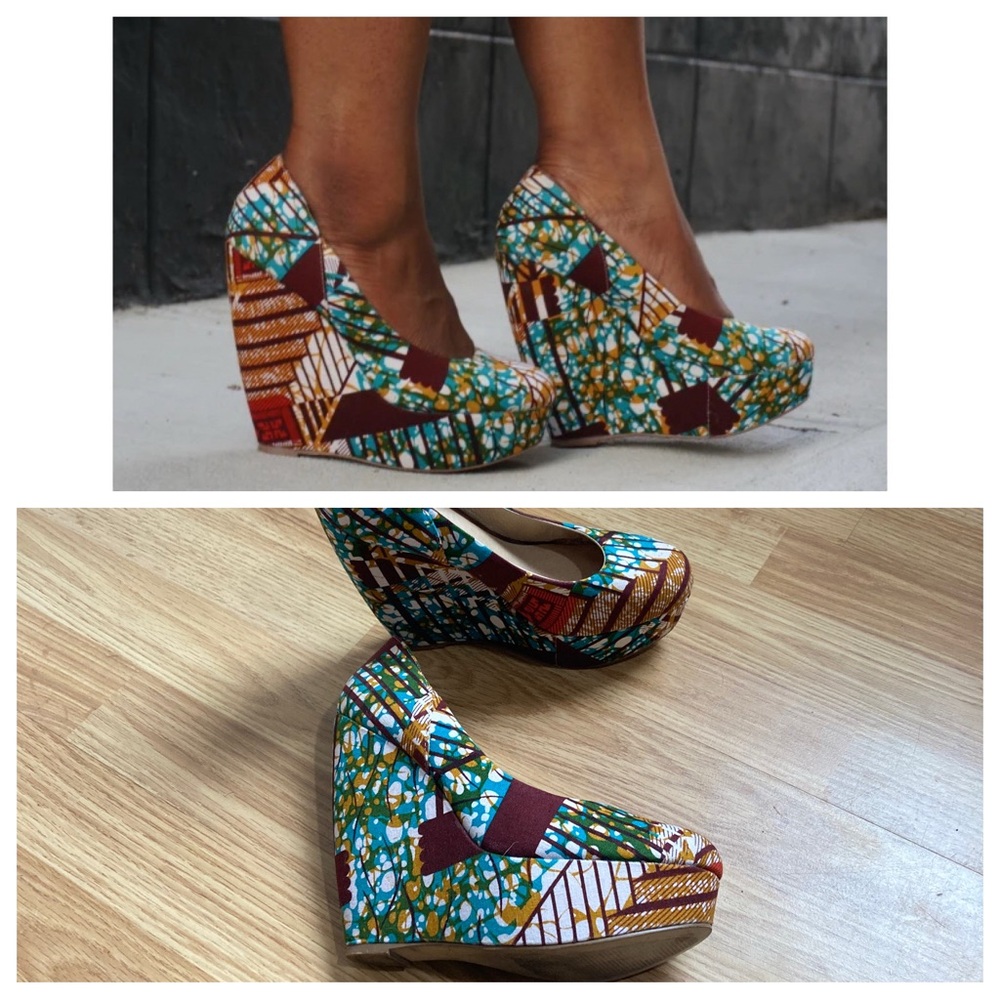 Aldo Forwood Platform Wedge Abstract Print Textile Round Toe Heels sz 37 / 6.5